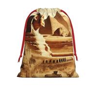 Plush Ancient-Egyptian-Sphinx-Pyramids Christmas Drawstring Present Bags Large Size, Soft Velvet Goodie Bags With Red Ribbon Closure For Holiday Party Favors And Present Wrapping