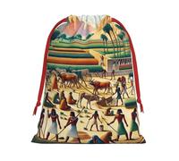 Plush Ancient-Egypty-Agricultural-Scenes Christmas Drawstring Present Bags Large Size, Soft Velvet Goodie Bags With Red Ribbon Closure For Holiday Party Favors And Present Wrapping