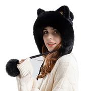 Plush Animal Ear Hat Plush Animal Ear Hat Faux Fur Russian Bomber Hat Fluffy Warm Bucket Hats with Ear Warmer Pom Pom Babble Hats Winter Fleece Lined Hunting Skiing Trapper Black One Size