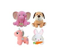 Plush Animal Toys Set, 4 Pieces - Pink Elephant, Brown Puppy, Pink Unicorn, White Bunny with Carrot