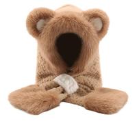 Plush Bear Ear Hooded Scarf, Cute Bear Ear Hat Scarfs 2-in-1 Winter Warm Faux Fur Hood for Women & Girls, Soft Cozy Plush Hat Scarf for Cold Weather Gift (Khaki)