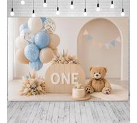Plush Bear One Birthday Backdrop for Boys Neutral Boho Beige Blue Balloon Pampas Grass Cake Smash Photography Background Minimalist 1st Birthday Party Photo Booth Decor Banner，A：7 * 5FT