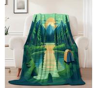 Plush Blanket Printed Cartoon Forest Mountain Lake - Lightweight Warm Flannel Fleece Throw Blanket 200 x 220 cm, Green Print Sherpa Fuzzy Blankets for Bed Sofa Couch Bedroom Decor