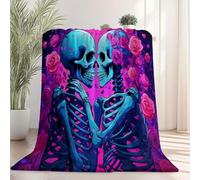 Plush Blanket Printed Gothic Rose Skull - Lightweight Warm Flannel Fleece Throw Blanket 180 x 200 cm, Purple Print Sherpa Fuzzy Blankets for Bed Sofa Couch Bedroom Decor