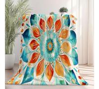 Plush Blanket Printed Traditional Floral Mandala - Lightweight Warm Flannel Fleece Throw Blanket 200 x 220 cm, Blue Green Print Sherpa Fuzzy Blankets for Bed Sofa Couch Bedroom Decor