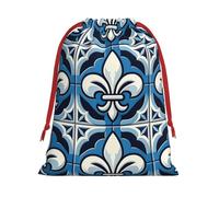 Plush Blue-Fleur-De-Lis Christmas Drawstring Present Bags Large Size, Soft Velvet Goodie Bags With Red Ribbon Closure For Holiday Party Favors And Present Wrapping