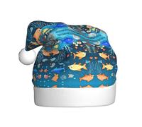 Plush Blue underwater world of fish Christmas Hat, festive costume accessory, soft to the touch, perfect for Christmas and holiday parties.
