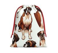 Plush Boxer-Dogs-Pattern Christmas Drawstring Present Bags Large Size, Soft Velvet Goodie Bags With Red Ribbon Closure For Holiday Party Favors And Present Wrapping