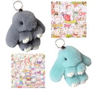Plush Bunny Keyring, 122 PCS Rainbow Rabbit Stickers, Cute Keychain Soft Fluffy Faux Fur Doll Pendant, Pompom Keychain, Cartoon Vinyl Garden Decals for Boys Girls Adults