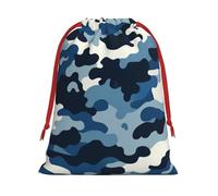 Plush Camouflage-Navy-Print Christmas Drawstring Present Bags Large Size, Soft Velvet Goodie Bags With Red Ribbon Closure For Holiday Party Favors And Present Wrapping