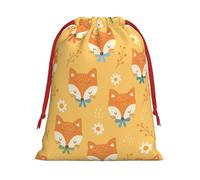 Plush Cartoon Fox Pattern Christmas Drawstring Present Bags Large Size, Soft Velvet Goodie Bags With Red Ribbon Closure For Holiday Party Favors And Present Wrapping