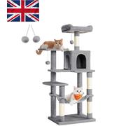 Feandrea Cat Tree Tower, 143 cm Multi-Level Plush Cat Condo with 4 Scratching Posts, 2 Perches, Cave, Hammock, Pompoms, Light Grey PCT161W01