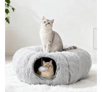 Plush Cat Tunnel Bed for Indoor Cats, Donut Tunnel Toys with Detachable & Washable Cushion, Peekaboo Cave Playground for Kitten Rabbit Ferret Hideaway with Cat Toys Balls and 6 Extra Snap Fasteners