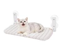Plush Cat Window Perch, Foldable Feline Hammock with Strong Suction Cups, Supports Up to 10 lbs, Large Space Saving Pet Bed and Lounger, 20.5 x 11.8 in, Beige