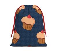 Plush Cherry Cupcake Pattern Christmas Drawstring Present Bags Large Size, Soft Velvet Goodie Bags With Red Ribbon Closure For Holiday Party Favors And Present Wrapping