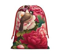 Plush Chinese-Art-Bulbuls-Peonies Christmas Drawstring Present Bags Large Size, Soft Velvet Goodie Bags With Red Ribbon Closure For Holiday Party Favors And Present Wrapping