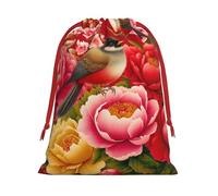 Plush Chinese-Birds-Bulbuls-Peonies Christmas Drawstring Present Bags Large Size, Soft Velvet Goodie Bags With Red Ribbon Closure For Holiday Party Favors And Present Wrapping