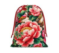 Plush Chinese-Bulbuls-Peonies Christmas Drawstring Present Bags Large Size, Soft Velvet Goodie Bags With Red Ribbon Closure For Holiday Party Favors And Present Wrapping