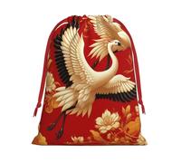 Plush Chinese-Cranes-Peonies-Longevity Christmas Drawstring Present Bags Large Size, Soft Velvet Goodie Bags With Red Ribbon Closure For Holiday Party Favors And Present Wrapping