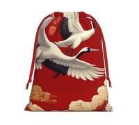 Plush Chinese-Golden-Cranes-Peonies Christmas Drawstring Present Bags Large Size, Soft Velvet Goodie Bags With Red Ribbon Closure For Holiday Party Favors And Present Wrapping
