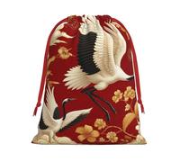 Plush Chinese-Prosperity-Cranes-Peonies Christmas Drawstring Present Bags Large Size, Soft Velvet Goodie Bags With Red Ribbon Closure For Holiday Party Favors And Present Wrapping