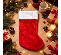 Plush Christmas Stocking, Jumbo Red & White Velvet Effect Christmas Stocking 27 x 60 cm Large Traditional Xmas Stocking for Gifts, Decorations, Fireplace Mantel & Holiday Displays