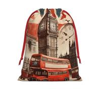 Plush Collage-Icons-Of-London Christmas Drawstring Present Bags Large Size, Soft Velvet Goodie Bags With Red Ribbon Closure For Holiday Party Favors And Present Wrapping