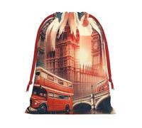 Plush Collage-Vintage-Of-London Christmas Drawstring Present Bags Large Size, Soft Velvet Goodie Bags With Red Ribbon Closure For Holiday Party Favors And Present Wrapping