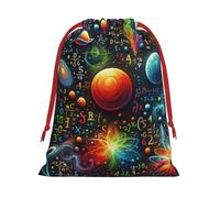 Plush Colorful-Math-Equation-Planets Christmas Drawstring Present Bags Large Size, Soft Velvet Goodie Bags With Red Ribbon Closure For Holiday Party Favors And Present Wrapping