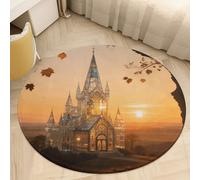 Plush Coral Velvet Round Area Rug 2.5' Ultra-Thin 0.2" Amber Castle Scenery Floor Mat Non-Slip TPR Backing Low Pile Washable Welcome Front Door Mats for Bedroom Entryway Decor