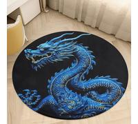 Plush Coral Velvet Round Area Rug 2.5' Ultra-Thin 0.2" Blue Chinese Dragon Floor Mat Non-Slip TPR Backing Low Pile Washable Welcome Front Door Mats for Bedroom Bathroom Entryway Decor