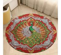 Plush Coral Velvet Round Area Rug 2.5' Ultra-Thin 0.2" Golden Tribal Pattern Floor Mat Non-Slip TPR Backing Low Pile Washable Welcome Front Door Mats for Bedroom Entryway Decor