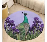 Plush Coral Velvet Round Area Rug 2.5' Ultra-Thin 0.2" Green Peafowl by Iris Floor Mat Non-Slip TPR Backing Low Pile Washable Welcome Front Door Mats for Bedroom Entryway Decor