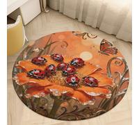 Plush Coral Velvet Round Area Rug 2.5' Ultra-Thin 0.2" Ladybug Marigold Bloom Floor Mat Non-Slip TPR Backing Low Pile Washable Welcome Front Door Mats for Bedroom Entryway Decor