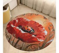 Plush Coral Velvet Round Area Rug 2.5' Ultra-Thin 0.2" Ladybug Petal Floor Mat Non-Slip TPR Backing Low Pile Washable Welcome Front Door Mats for Bedroom Entryway Decor