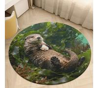 Plush Coral Velvet Round Area Rug 2.5' Ultra-Thin 0.2" Otter in Kelp Bed Floor Mat Non-Slip TPR Backing Low Pile Washable Welcome Front Door Mats for Bedroom Entryway Decor