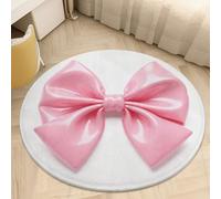Plush Coral Velvet Round Area Rug 2.5' Ultra-Thin 0.2" Pink Bow Floor Mat Non-Slip TPR Backing Low Pile Washable Welcome Front Door Mats for Bedroom Entryway Decor