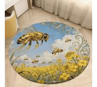 Plush Coral Velvet Round Area Rug 2' Ultra-Thin 0.2" Bee Rapeseed Field Floor Mat Non-Slip TPR Backing Low Pile Washable Welcome Front Door Mats for Bedroom Entryway Decor
