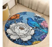 Plush Coral Velvet Round Area Rug 2' Ultra-Thin 0.2" Blue Bird and Flowers Floor Mat Non-Slip TPR Backing Low Pile Washable Welcome Front Door Mats for Bedroom Entryway Decor