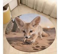 Plush Coral Velvet Round Area Rug 2' Ultra-Thin 0.2" Fennec Fox Digging Floor Mat Non-Slip TPR Backing Low Pile Washable Welcome Front Door Mats for Bedroom Entryway Decor