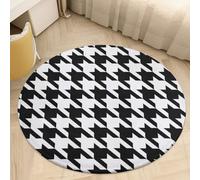 Plush Coral Velvet Round Area Rug 2' Ultra-Thin 0.2" Houndstooth Black Floor Mat Non-Slip TPR Backing Low Pile Washable Welcome Front Door Mats for Bedroom Bathroom Entryway Decor