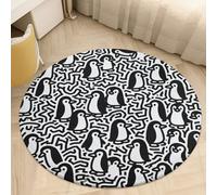 Plush Coral Velvet Round Area Rug 2' Ultra-Thin 0.2" Little Penguin Doodle Floor Mat Non-Slip TPR Backing Low Pile Washable Welcome Front Door Mats for Bedroom Entryway Decor