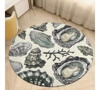Plush Coral Velvet Round Area Rug 2' Ultra-Thin 0.2" Oysters and Shells Floor Mat Non-Slip TPR Backing Low Pile Washable Welcome Front Door Mats for Bedroom Bathroom Entryway Decor