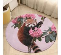 Plush Coral Velvet Round Area Rug 2' Ultra-Thin 0.2" Red Panda in Azaleas Floor Mat Non-Slip TPR Backing Low Pile Washable Welcome Front Door Mats for Bedroom Entryway Decor