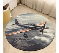 Plush Coral Velvet Round Area Rug 2' Ultra-Thin 0.2" Retro Airplane Floor Mat Non-Slip TPR Backing Low Pile Washable Welcome Front Door Mats for Bedroom Bathroom Entryway Decor