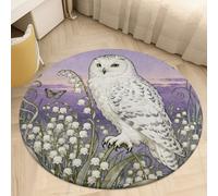 Plush Coral Velvet Round Area Rug 2' Ultra-Thin 0.2" Snowy Owl Lily Valley Floor Mat Non-Slip TPR Backing Low Pile Washable Welcome Front Door Mats for Bedroom Entryway Decor