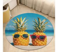 Plush Coral Velvet Round Area Rug 3' Ultra-Thin 0.2" Beach Pineapple Floor Mat Non-Slip TPR Backing Low Pile Washable Welcome Front Door Mats for Bedroom Bathroom Entryway Decor