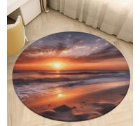 Plush Coral Velvet Round Area Rug 3' Ultra-Thin 0.2" Beach Sunrise Floor Mat Non-Slip TPR Backing Low Pile Washable Welcome Front Door Mats for Bedroom Bathroom Entryway Decor