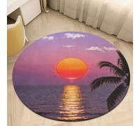Plush Coral Velvet Round Area Rug 3' Ultra-Thin 0.2" Beach Sunset Palms Floor Mat Non-Slip TPR Backing Low Pile Washable Welcome Front Door Mats for Bedroom Entryway Decor