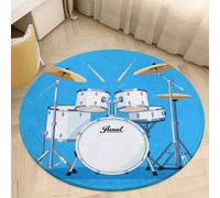 Plush Coral Velvet Round Area Rug 3' Ultra-Thin 0.2" Blue Background Drums Floor Mat Non-Slip TPR Backing Low Pile Washable Welcome Front Door Mats for Bedroom Entryway Decor